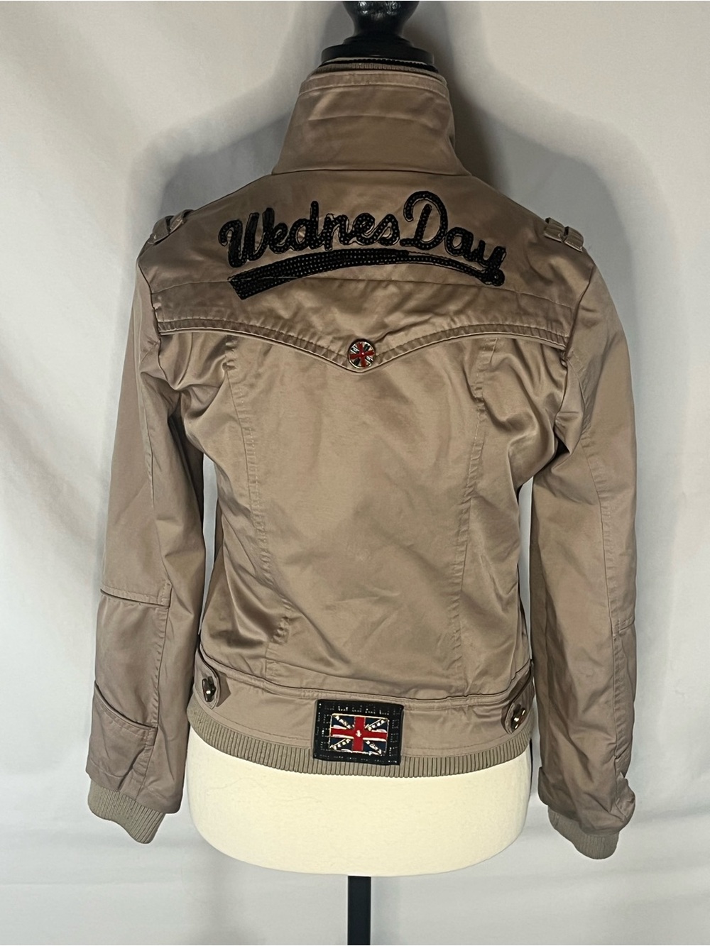 WednesDay Utility Jacket Medium Beige British Union Jack Patch Crystal Embellish